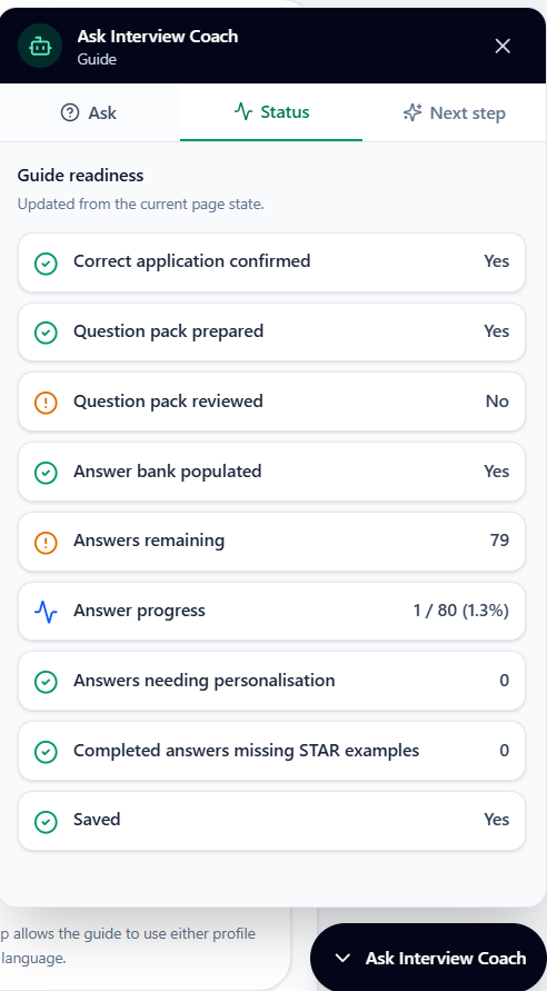 Ask Interview Coach — Status view